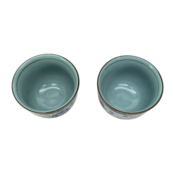 Vintage Blue Floral Porcelain Tea Cups Set of 2 Brown Accent je192 - Picture 5 of 5